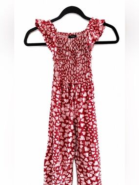 Picapino Girls Heart Print Smocked Romper Jumpsuit Pink Red Flutter Sleeve 4